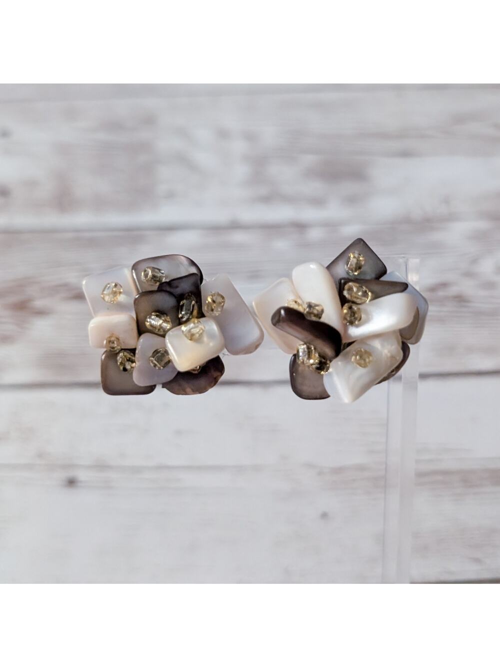 Vintage Clip On Earrings Large Cream & Brown Tones